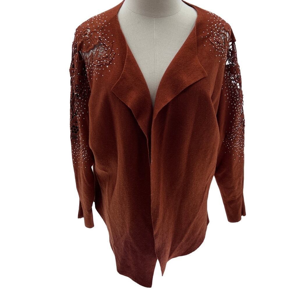 LIV Milano Brown, Lace Rhinestone Detailing Open Cardigan- S